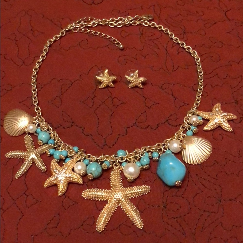 🎉Gold, turquoise necklace with matching earrings